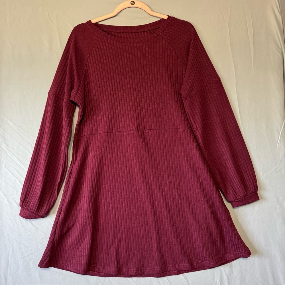 Womens Ribbed Long Sleeve Dress Burgundy Size M Bishop Sleeves Pockets Fall NWOT